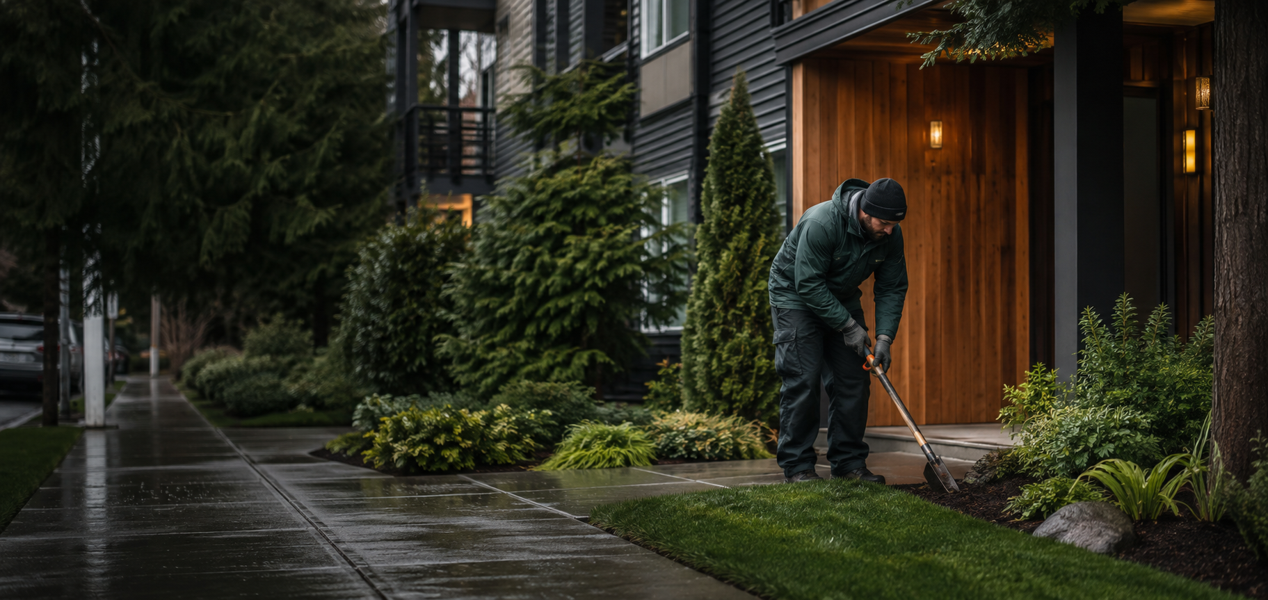 Property maintenance professional tending landscaping at a Seattle apartment building